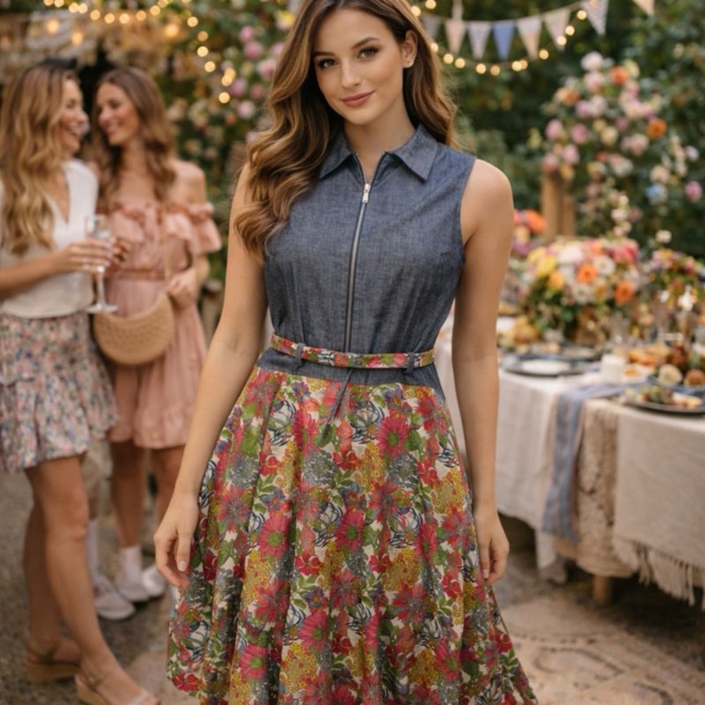 J.Crew x Creatures of the Wind Floral & Denim Belted Midi Dress Size 8